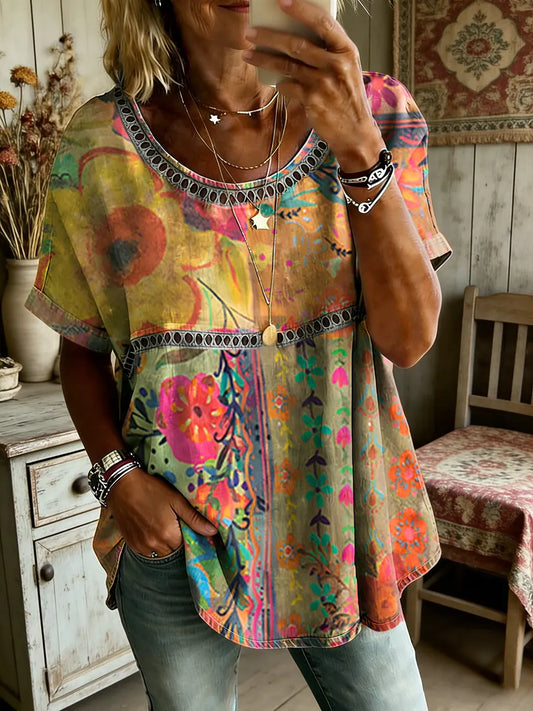 Women's Bohemian Floral Art Print Round Neck Hollow-out Shirt