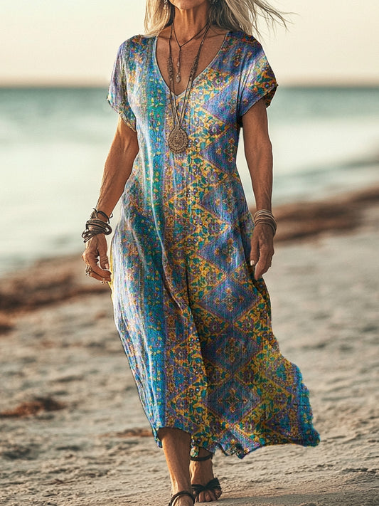 Women's Vintage Ethnic Floral Art Print Pocket Cotton Dress