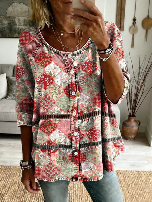 Ethnicity Patchwork Geometry Flowers Women's Art Print Casual Long-sleeve V-neck Washed Top