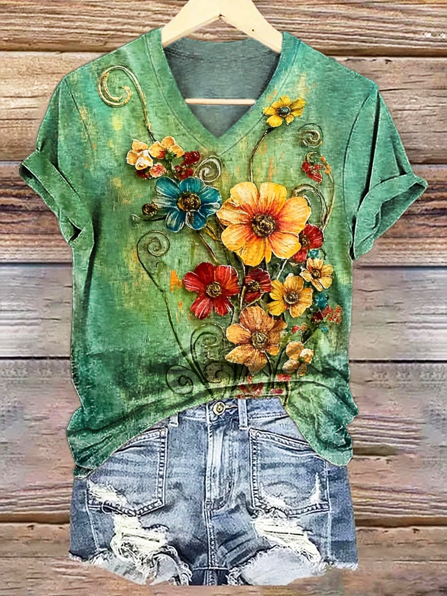 Women's Retro Nostalgic Folk Floral Art Print Casual V-neck Cotton T-shirt