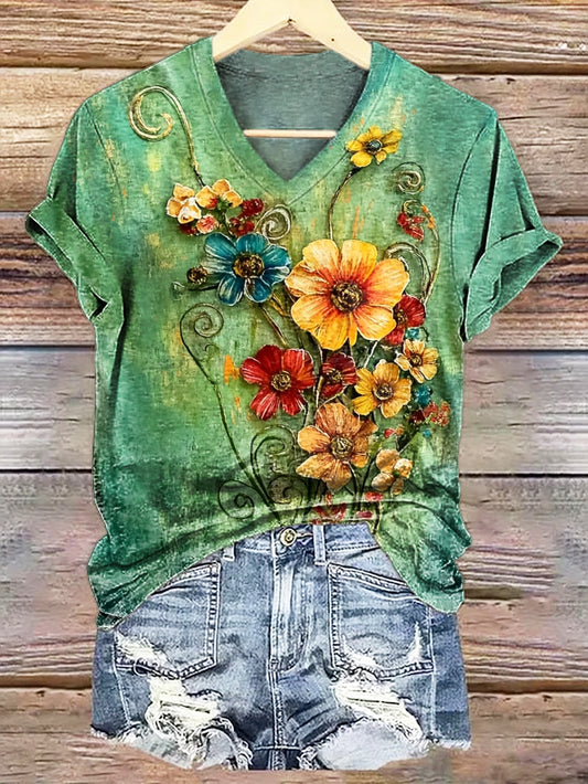 Women's Retro Nostalgic Folk Floral Art Print Casual V-neck Cotton T-shirt