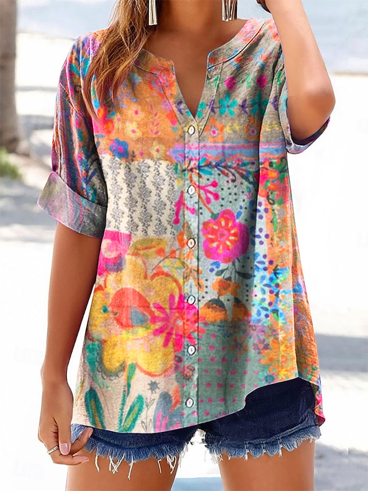 Women's Boho Floral Art Print Casual Cotton And Linen Shirt