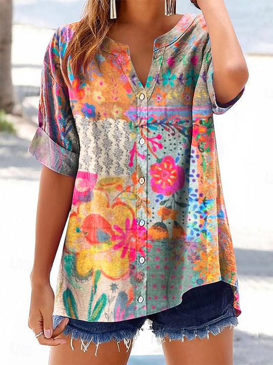 Women's Boho Floral Art Print Casual Cotton And Linen Shirt