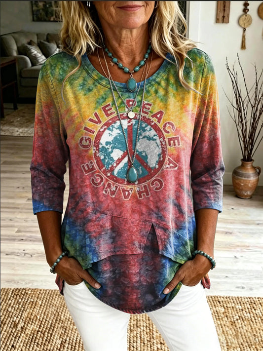 Women's Casual Round-neck T-shirt With Peace Hippie-style Art Print