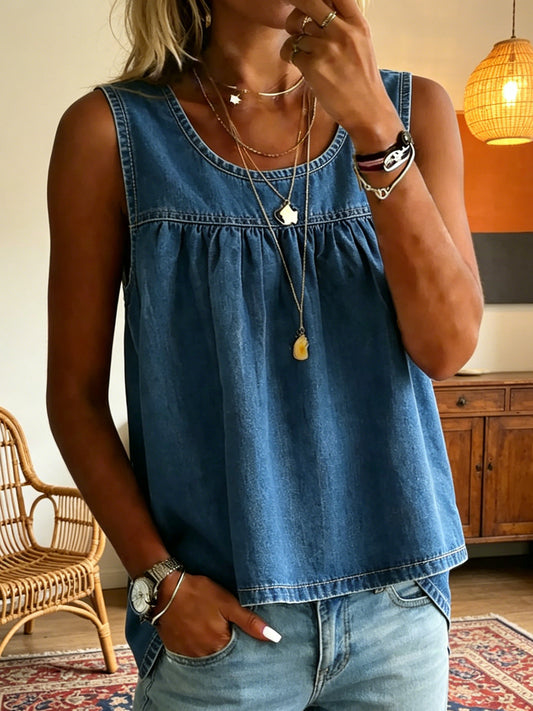 Women's Casual Sleeveless Round Neck Pleated Tank