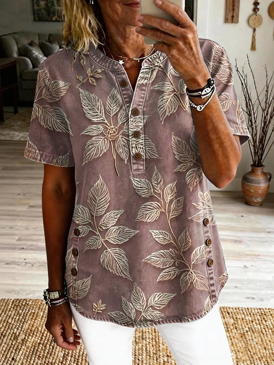 Women's Vintage Floral Art Print Casual Short-sleeve Washed Shirt
