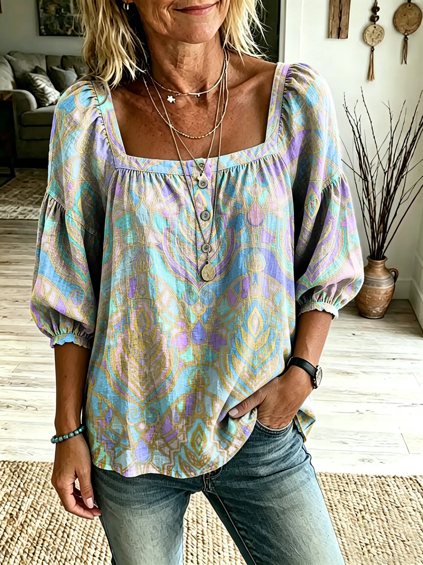 Women's Retro Patterned Artistic Print Casual Square-Neck Top