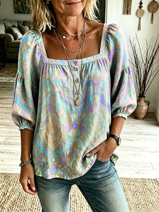 Women's Retro Patterned Artistic Print Casual Square-Neck Top