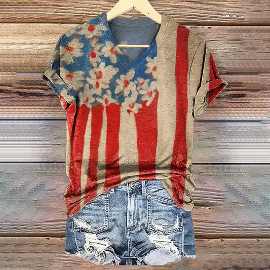 Women's Vintage American Flag Floral Art Pattern Print V-neck Casual T-Shirt