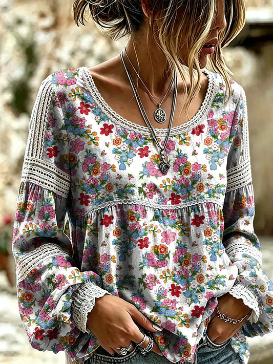Women's Retro Ethnic Floral Art Print Casual Long-sleeved Round Neck Lace Cotton Shirt
