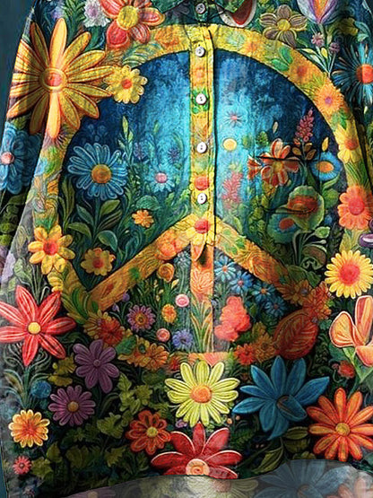 Vintage Peace And Love Floral Art Print Casual Cotton And Linen Shirt