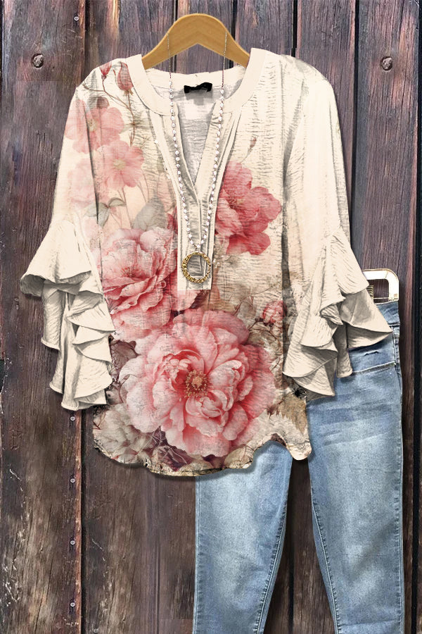 Elegant Floral Print Ruffle Sleeve Top