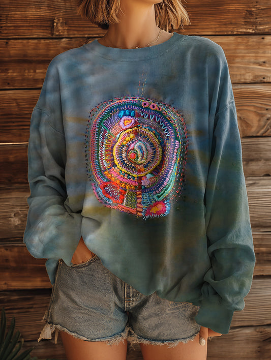 Women's Vintage Patchwork Art Pattern Print Casual Crew Neck Sweatshirt