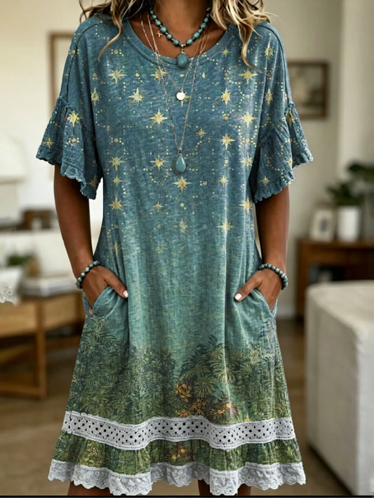 Women's Artistic Print Lace Dress With Starry Forest Design
