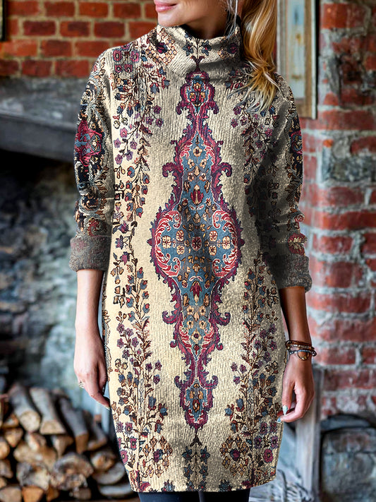 Women's Vintage Ethnic Beige Floral Totem Art Print Cover-up High-neck Knit Dress