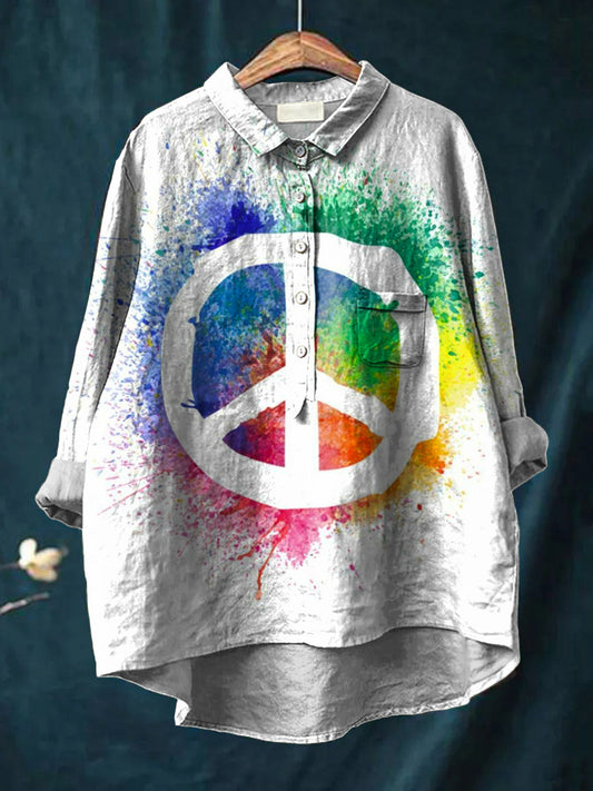 Vintage Peace And Love Art Print Casual Cotton And Linen Shirt