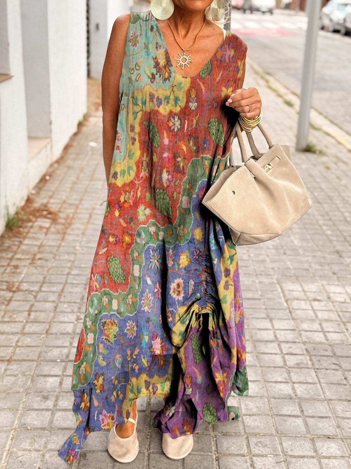 Women's Bohemian Wave Floral Print V Neck Sleeveless Pocket Cotton Pleated Dress