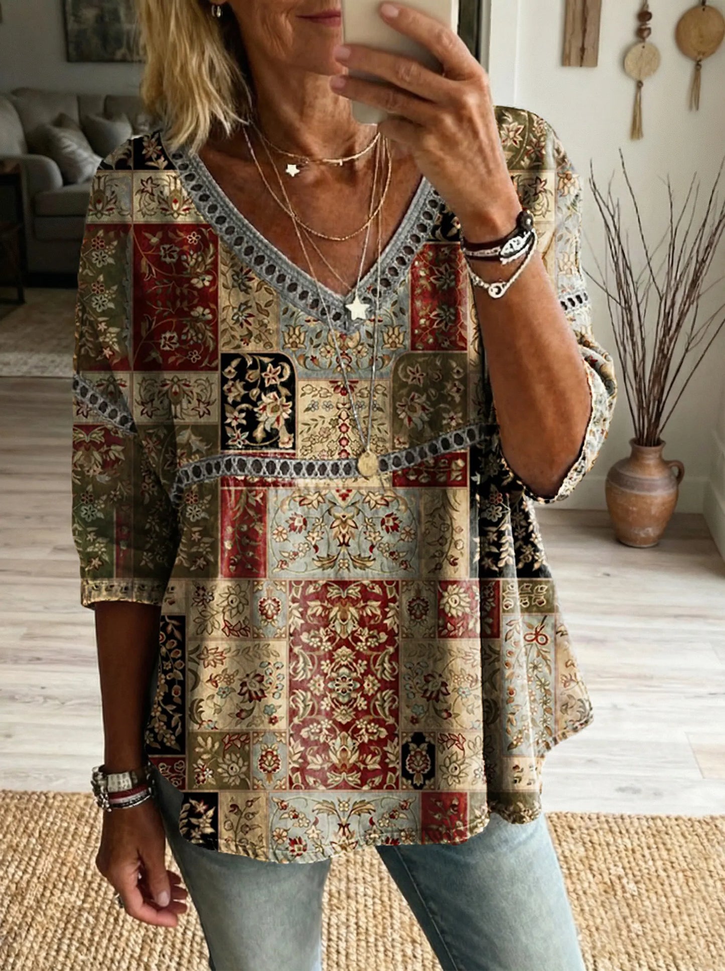 Women'sFloral Art Print Casual V-neck Tie-front Top