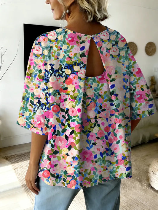 Ethnicity Colorful Bohemian Flowers Women's Art Print Round Collar Shirt Top