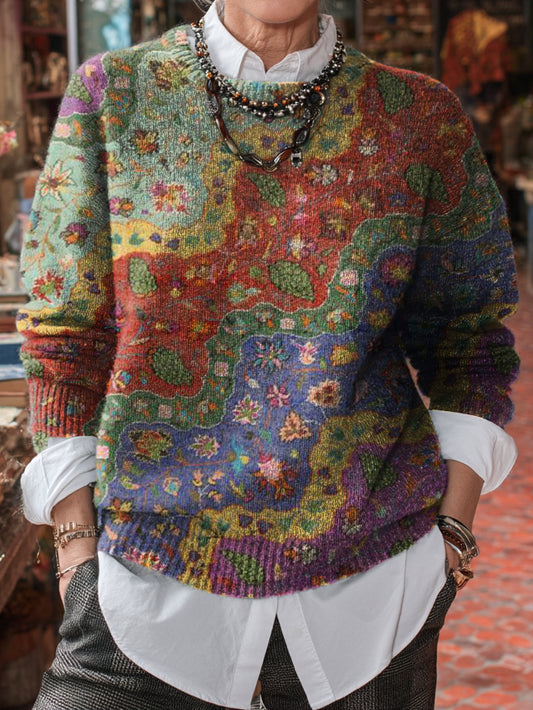 Ladies Vintage Ethnic Flower Art Printed Knit Casual Pullover Sweater