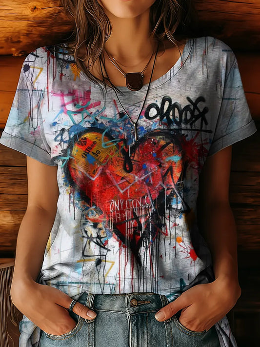 Women's Vintage Oil Painting Heart Art Print Casual Round Neck Short Sleeve T-shirt