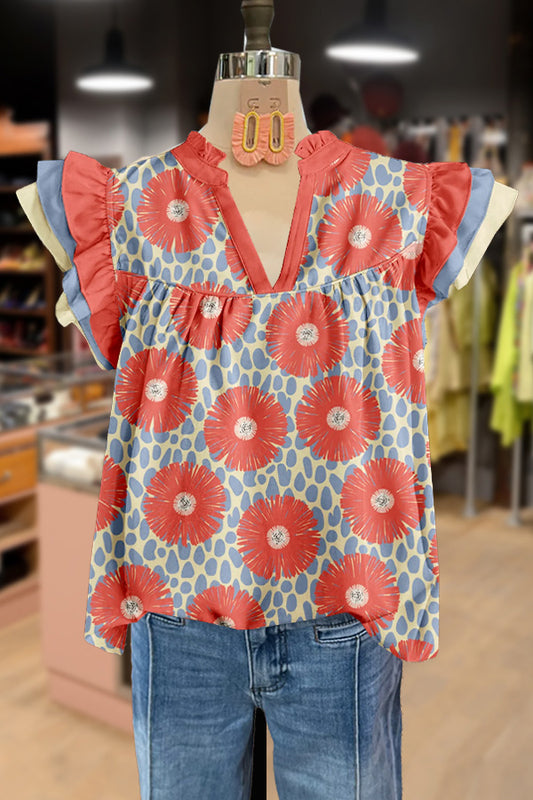 Floral Print Layered Ruffle Sleeve Top