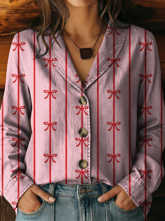 Women's Pink Bowknot Art Print Lapel Washed Denim Cotton Shirt