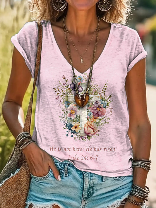 He Is Not Here He Has Risen Luke24:6—7 Art Print 100% Cotton V-Neck T-Shirt