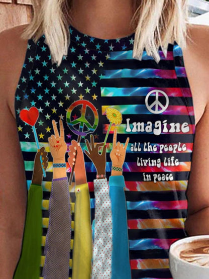 Hippie Imagine All The People Living Life In Peace Print Tank Top