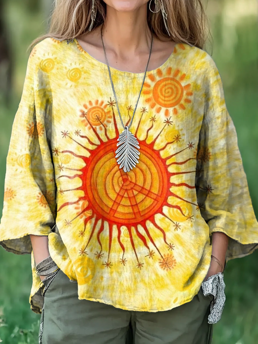 Women's Sun Tie-Dye Hippie Art Pattern Print Casual Cotton And Linen Shirt