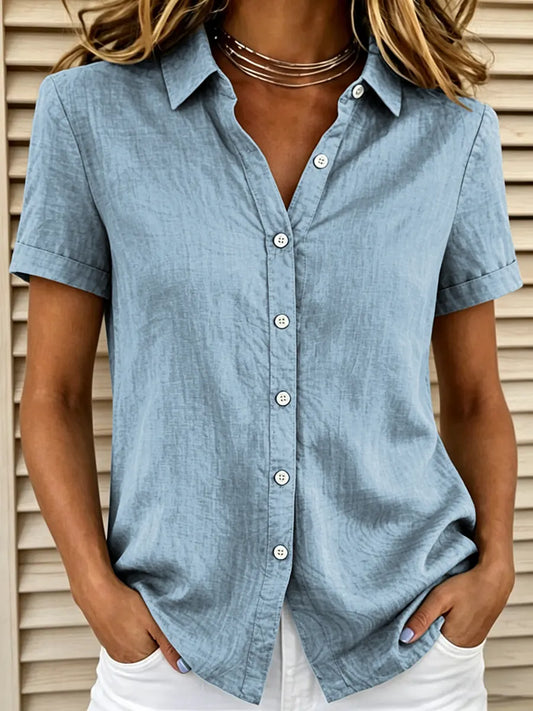 Women's Linen-Blend Collared Short Sleeve Button-Down Blouse