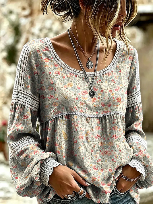 Women's Vintage Ethnic Floral Print Lace Blouse