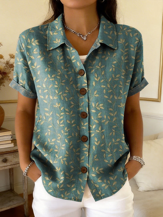 Women's Retro Floral Art Print Casual Short-sleeve Cardigan Shirt