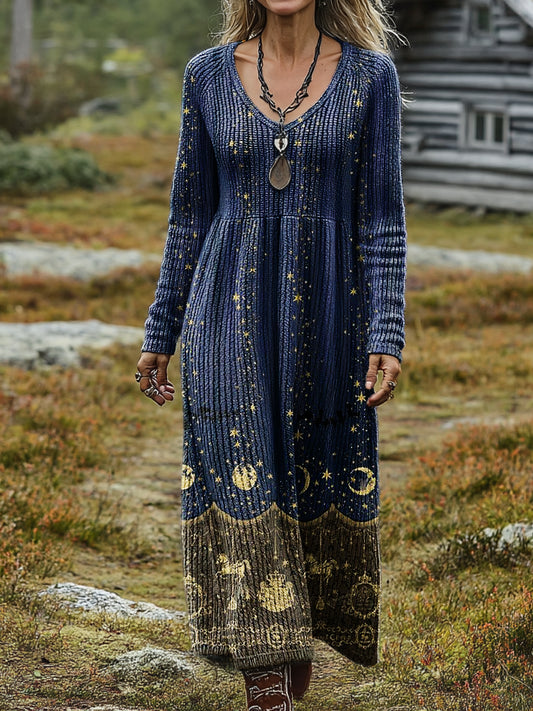 Women's Retro Art Print Casual Long Sleeve V-Neck Cotton Knit Dress