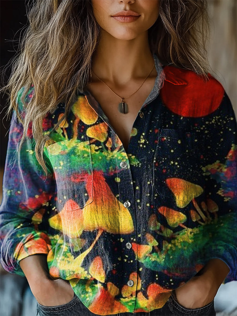 Women's Trippy Mushroom Print Casual Long Sleeve Comfortable Cotton Shirt