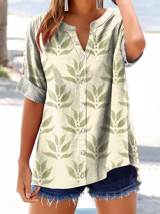 Women's Floral Pattern Art Print Cotton Linen Casual Shirt