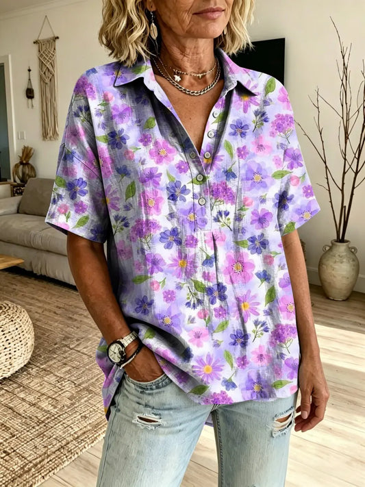 Women's Retro Purple Floral Art Print Lapel Short-Sleeve Henley Shirt