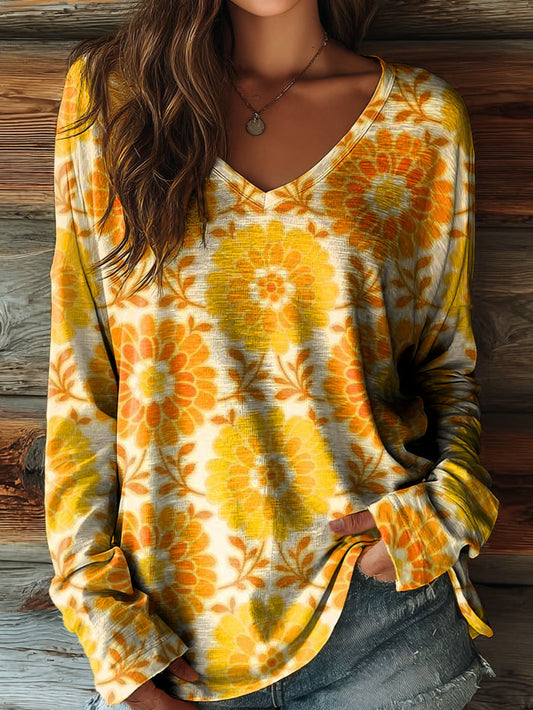 Women's Bohemian Floral Art Print Casual V-neck Long Sleeve T-shirt