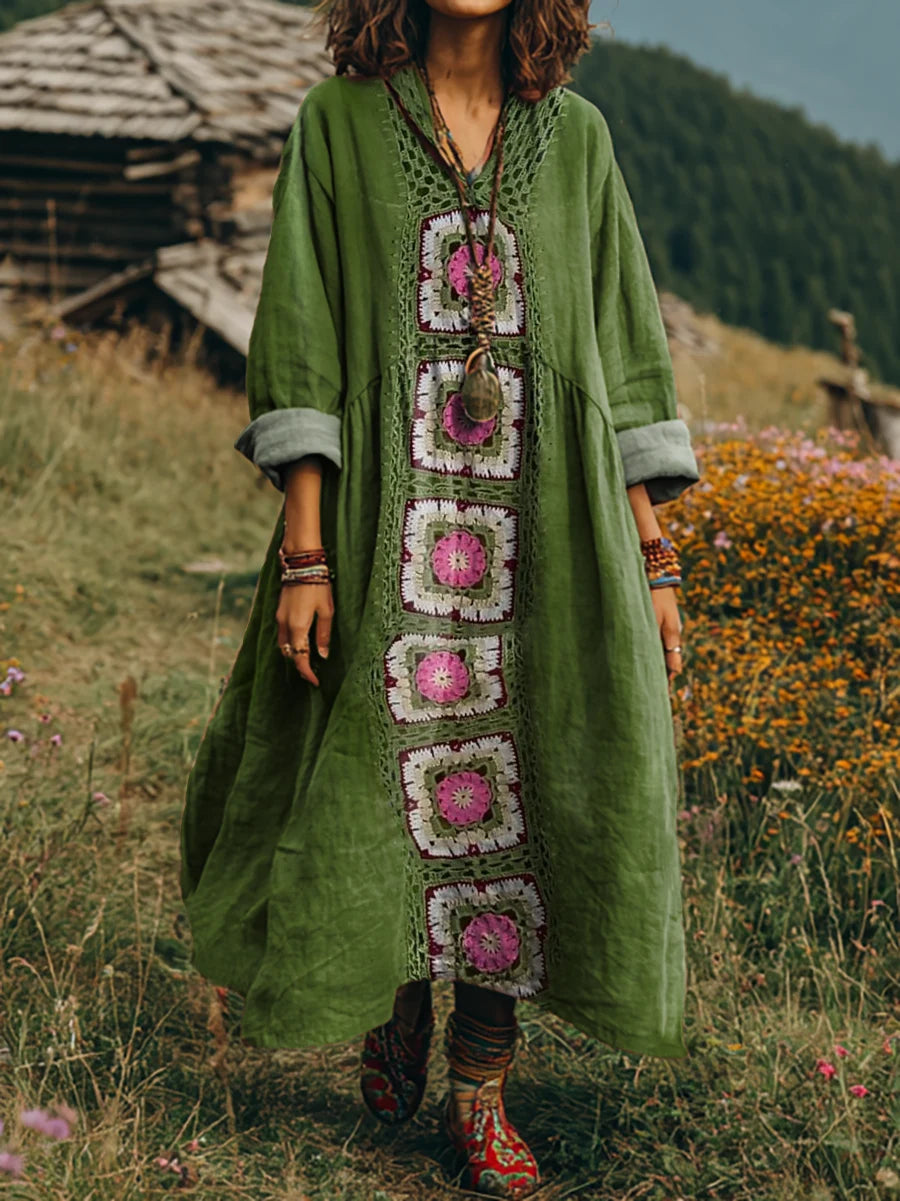 Women's Vintage Woven Texture Floral Art Print Long-sleeved V-neck Comfortable Cotton Dress With Pockets.