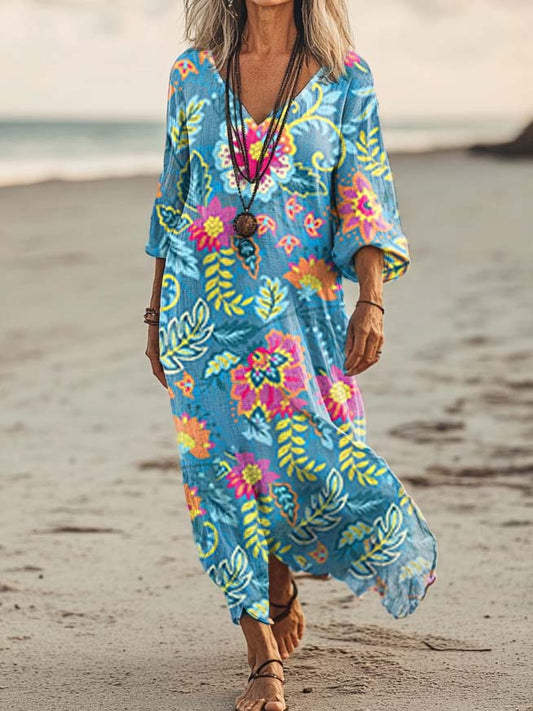 Women's Floral Art Print Pocket Cotton Dress