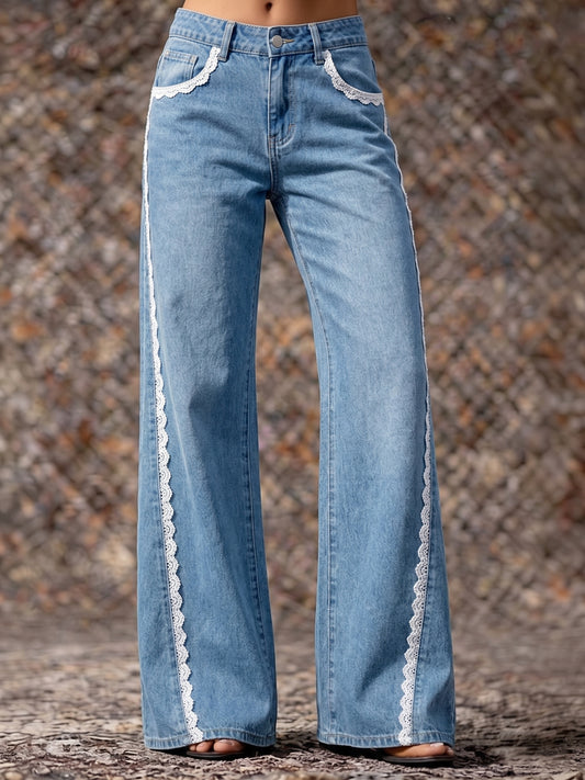 Women's Print Casual Lace Edge Denim Cotton Pants