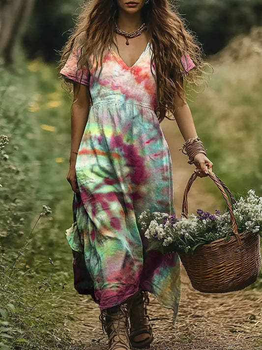 Women's Hippie Tie Dye Art Print Pocket Cotton Dress