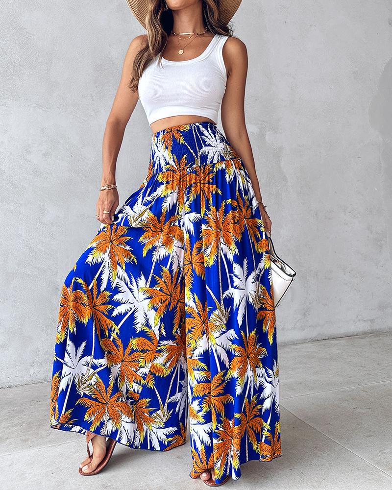 Tribal Print Shirred Wide Leg Pants