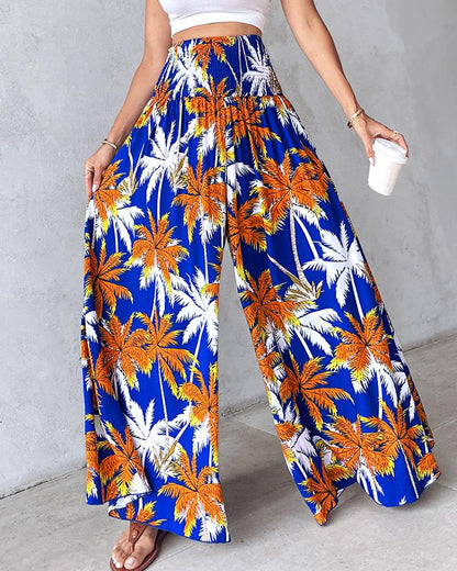 Tribal Print Shirred Wide Leg Pants