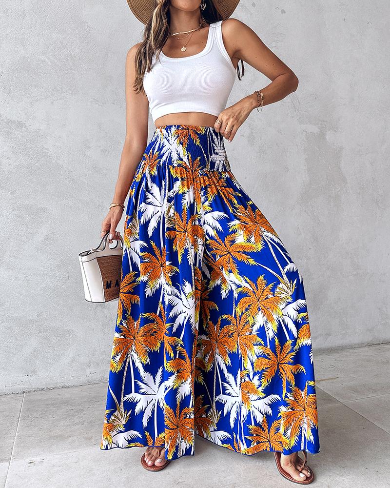 Tribal Print Shirred Wide Leg Pants