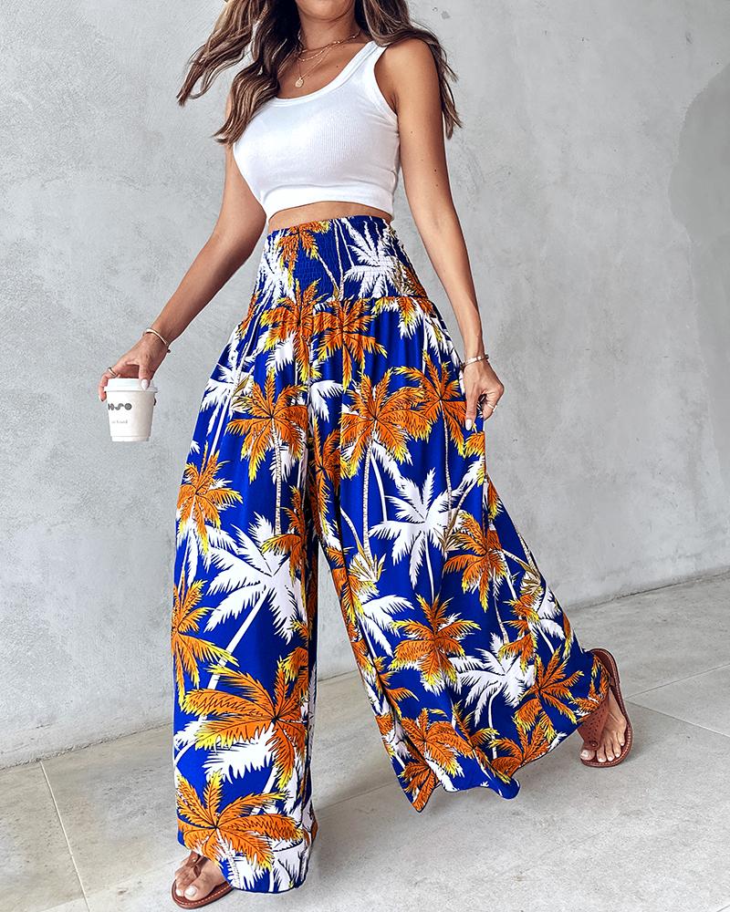 Tribal Print Shirred Wide Leg Pants