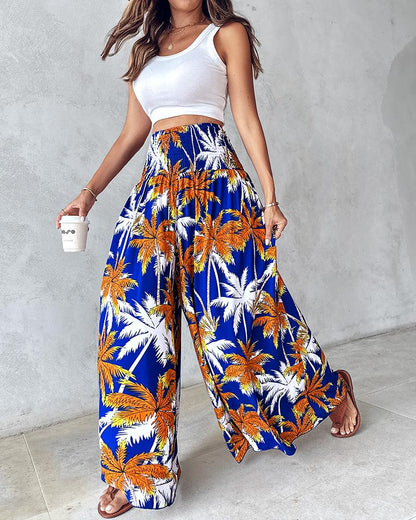 Tribal Print Shirred Wide Leg Pants