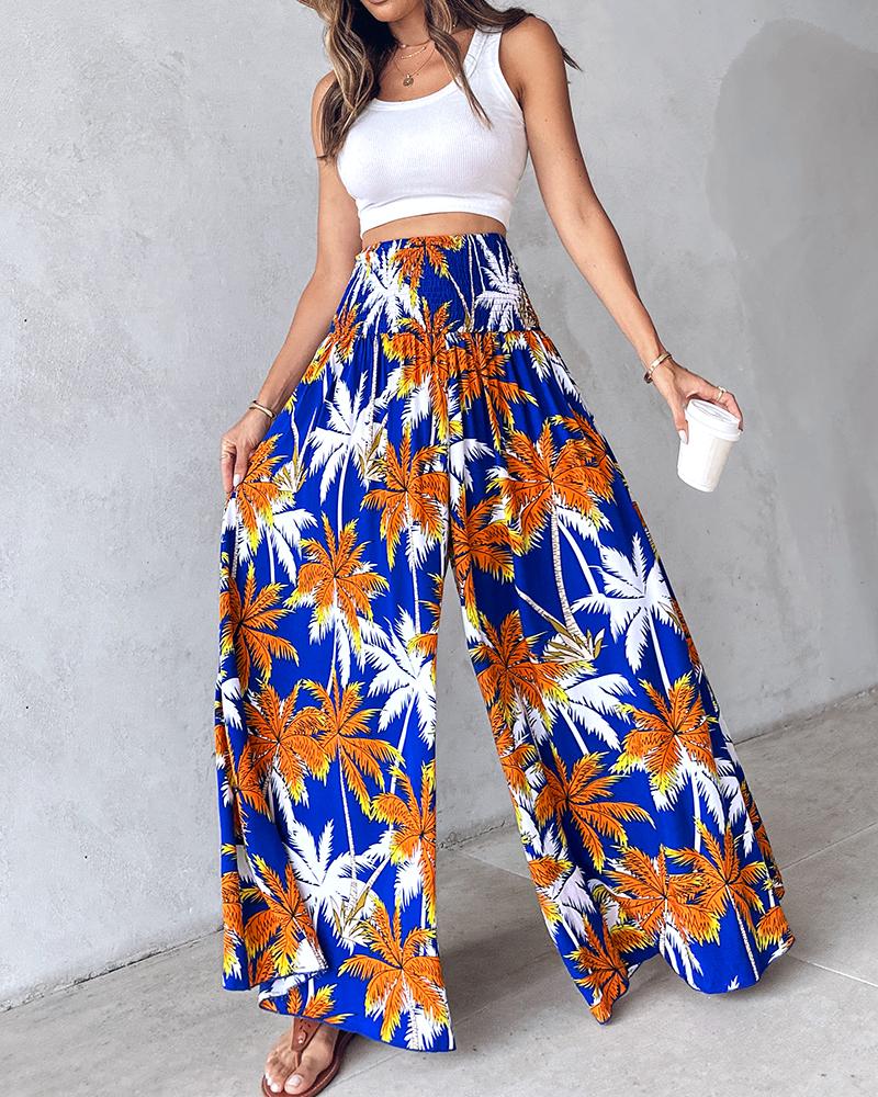 Tribal Print Shirred Wide Leg Pants