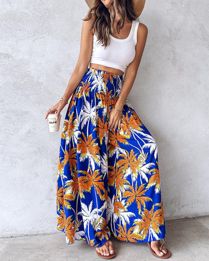 Tribal Print Shirred Wide Leg Pants