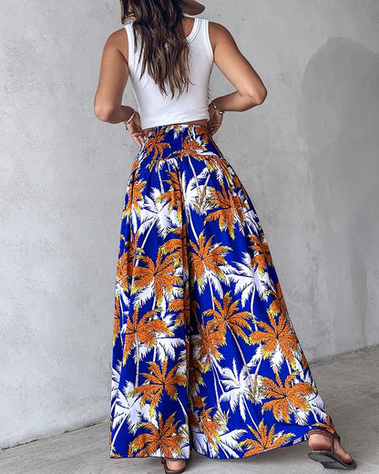 Tribal Print Shirred Wide Leg Pants